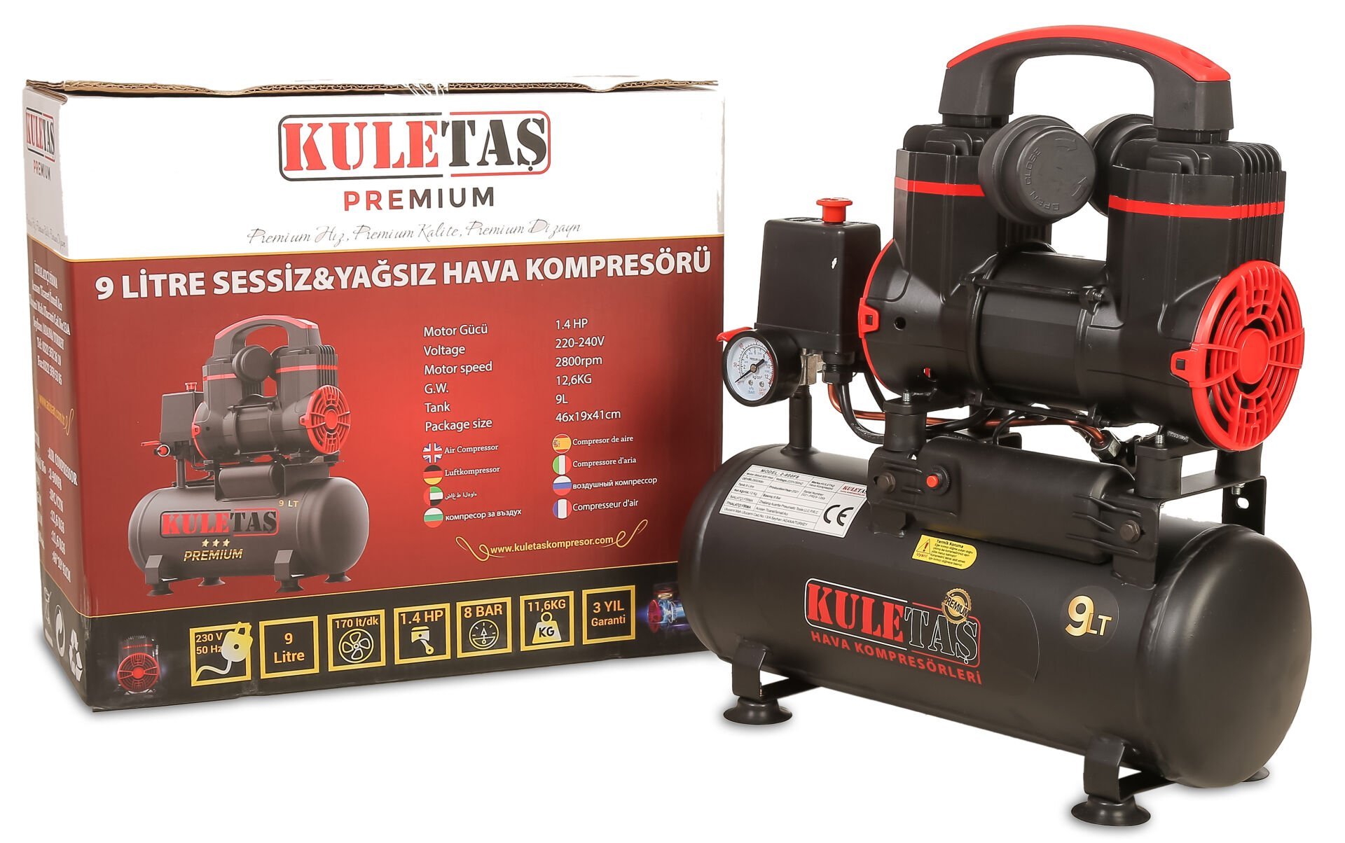 KULETAS SESSIZ YAGSIZ HAVA KOMPRESÖRÜ PREMIUM 9 LT